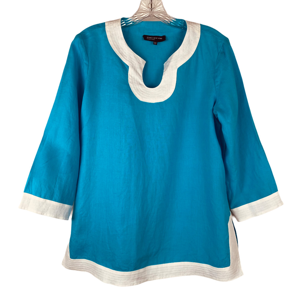 Linen Aqua Blue & White Boho Top Beachy Resort Cruise Coastal Jones New York S
